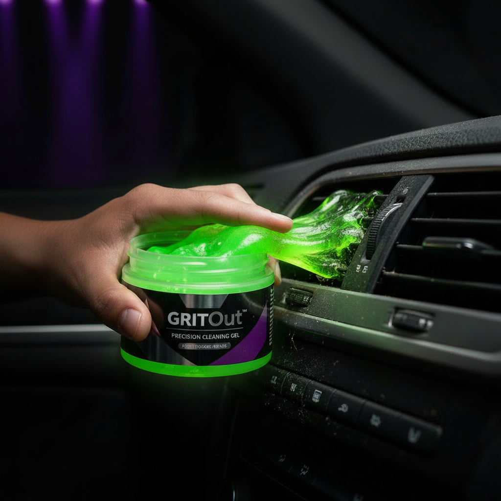 African American hand using GritOut cleaning gel on car vent
